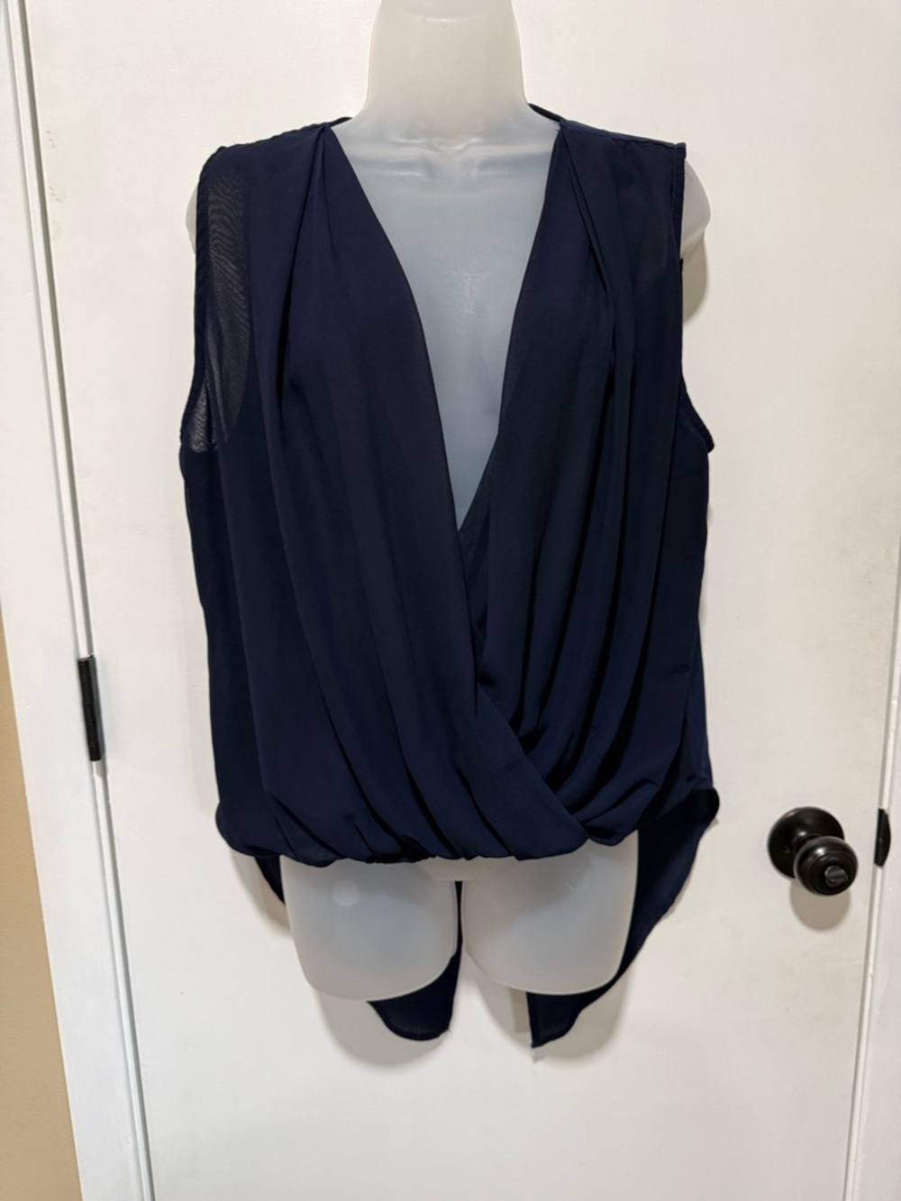 Double Zero Navy Sleeveless Draped Surplice Blouse